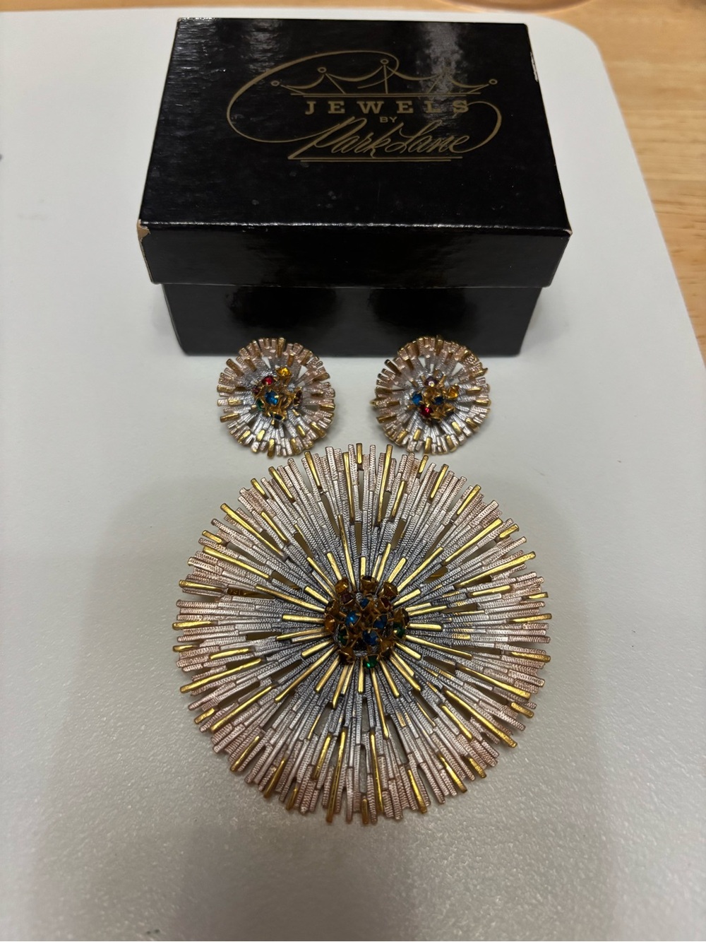 Park Lane Gold, Silver & white Radiant Starburst Brooch with Matching Earrings